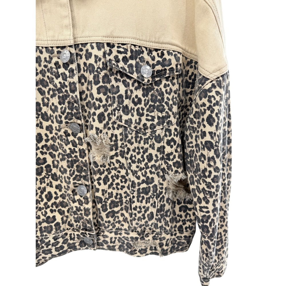 POL Leopard Print Distressed Denim Jacket‎ Tan Colorblock Oversized S Western - Picture 4 of 8